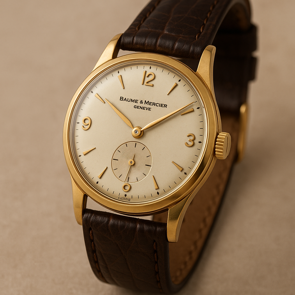 Orologio vintage Baume & Mercier con cassa in oro e cinturino in pelle marrone