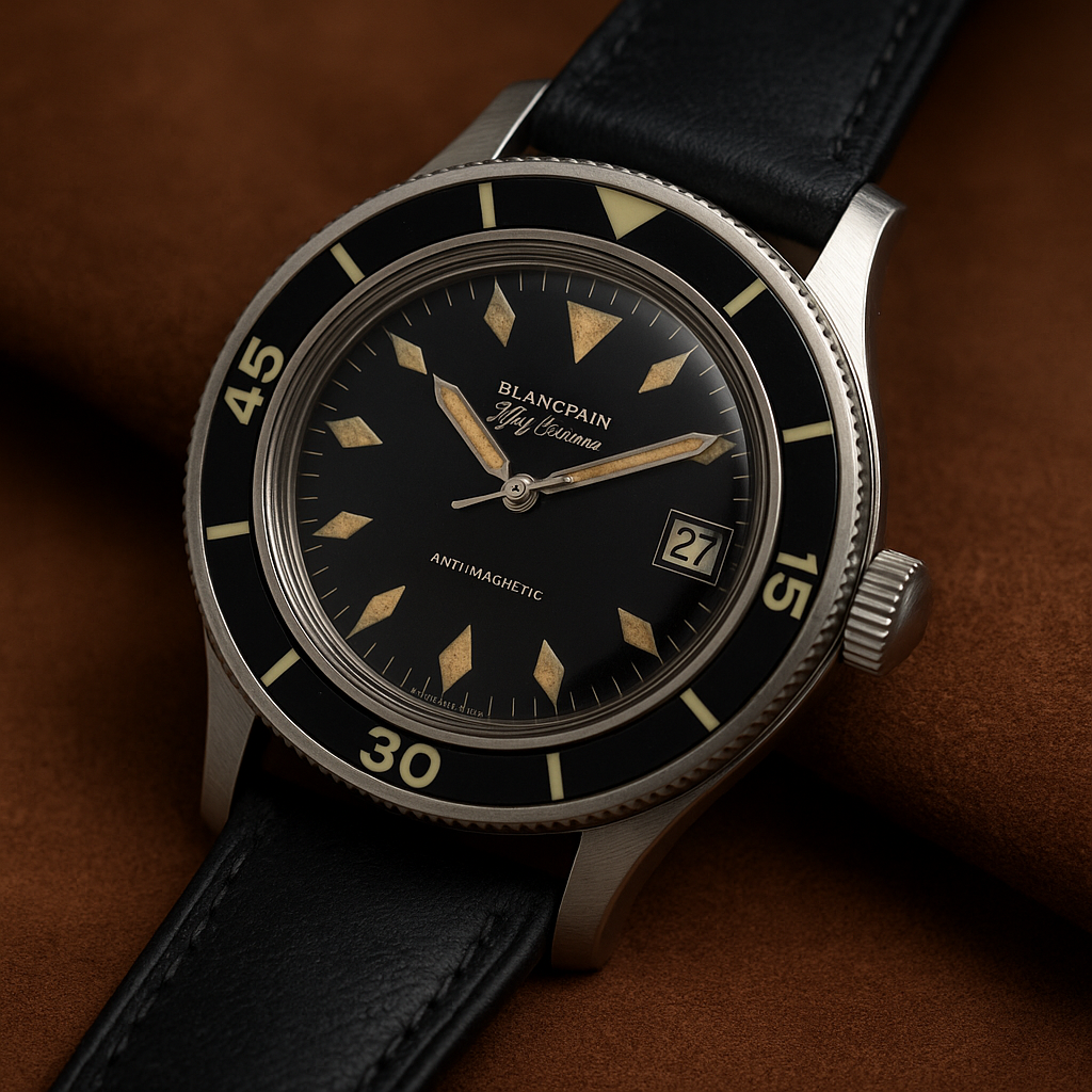 Orologio Blancpain Fifty Fathoms vintage con quadrante nero e cinturino in pelle nera