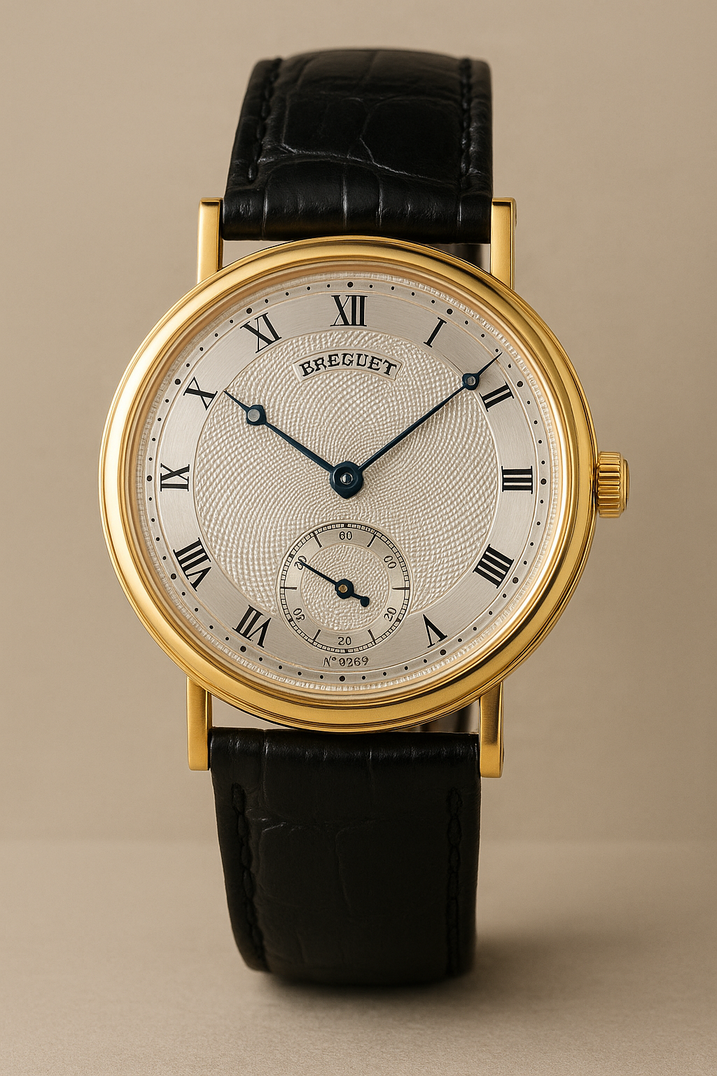 Orologio Breguet Classique vintage con quadrante guilloché e cinturino in pelle nera