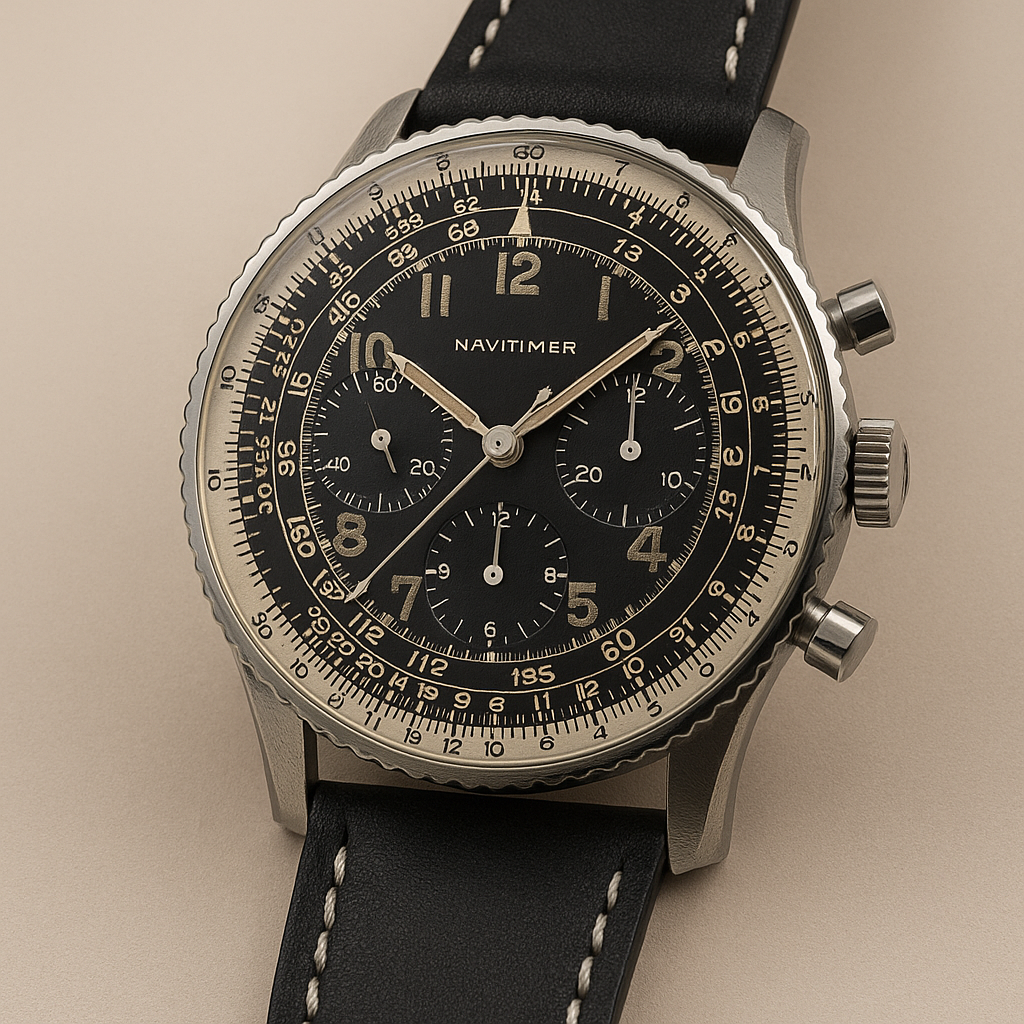 Orologio Breitling Navitimer vintage con quadrante nero e scala circolare slide rule